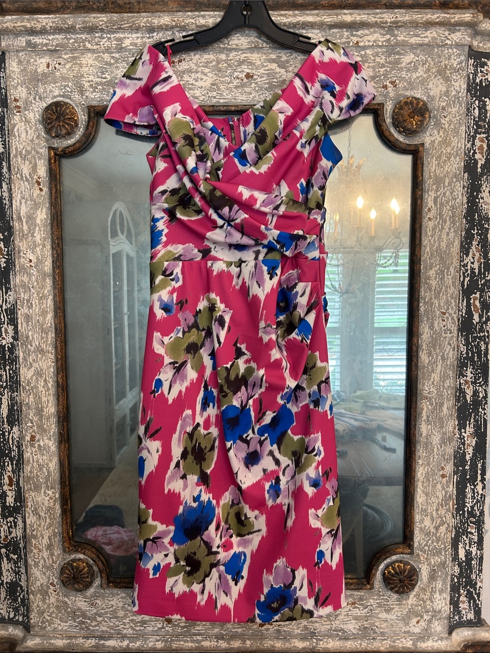 Floral Pink Midi Dress with Crossover Bodice